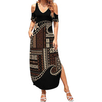 Samoa Siapo Mamanu Family Matching Summer Maxi Dress and Hawaiian Shirt Waves Motifs LT7 Mom's Dress Black - Polynesian Pride