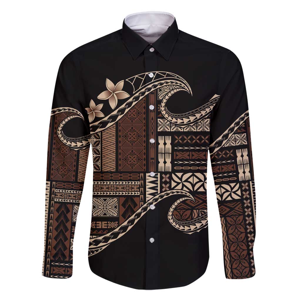 Samoa Siapo Mamanu Family Matching Tank Maxi Dress and Hawaiian Shirt Waves Motifs LT7 Dad's Shirt - Long Sleeve Black - Polynesian Pride