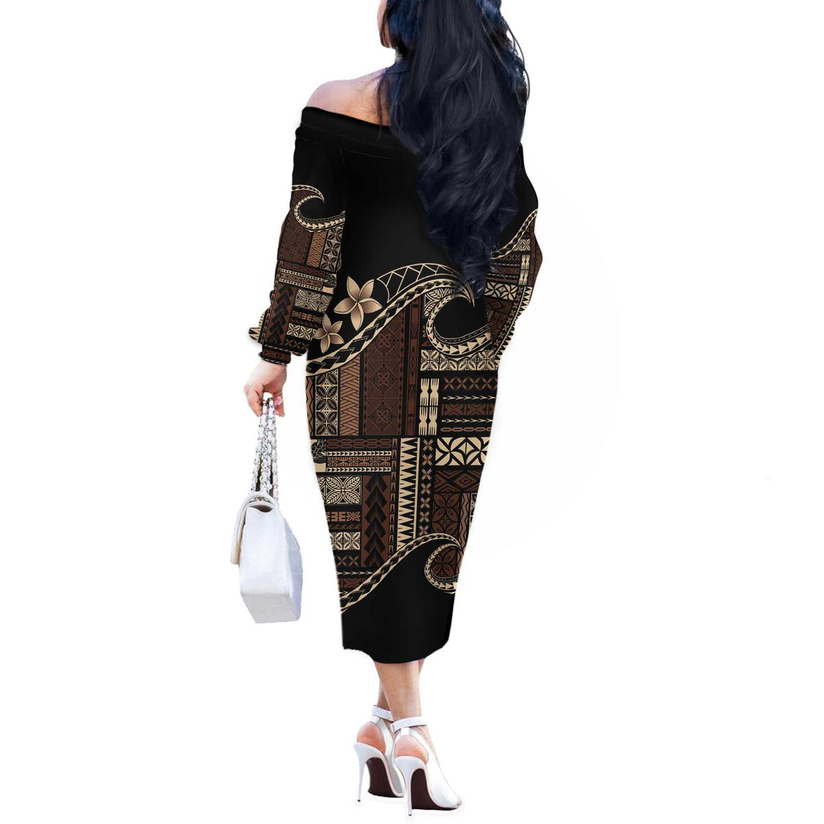 Samoa Siapo Mamanu Off The Shoulder Long Sleeve Dress Waves Motifs