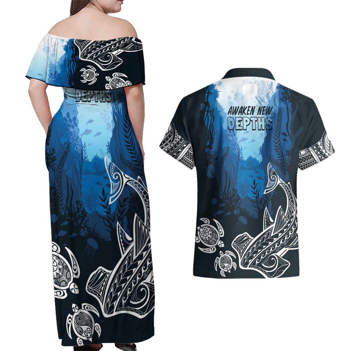 World Ocean Day Pasifika Couples Matching Off Shoulder Maxi Dress and Hawaiian Shirt Awaken New Depths LT7 - Polynesian Pride