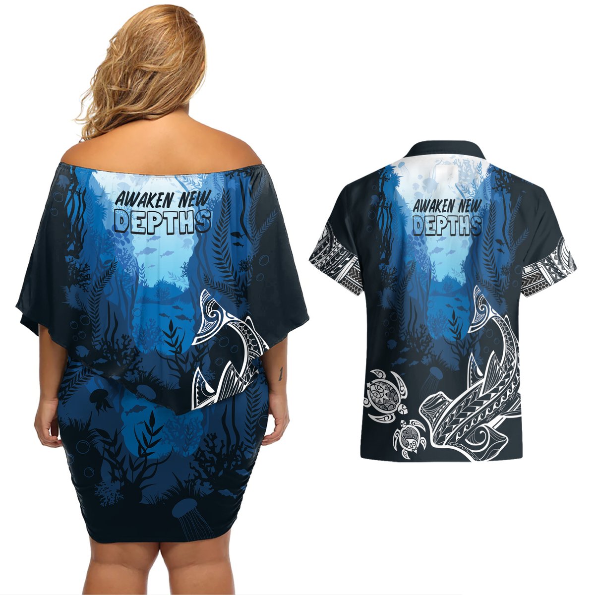 World Ocean Day Pasifika Couples Matching Off Shoulder Short Dress and Hawaiian Shirt Awaken New Depths LT7 - Polynesian Pride