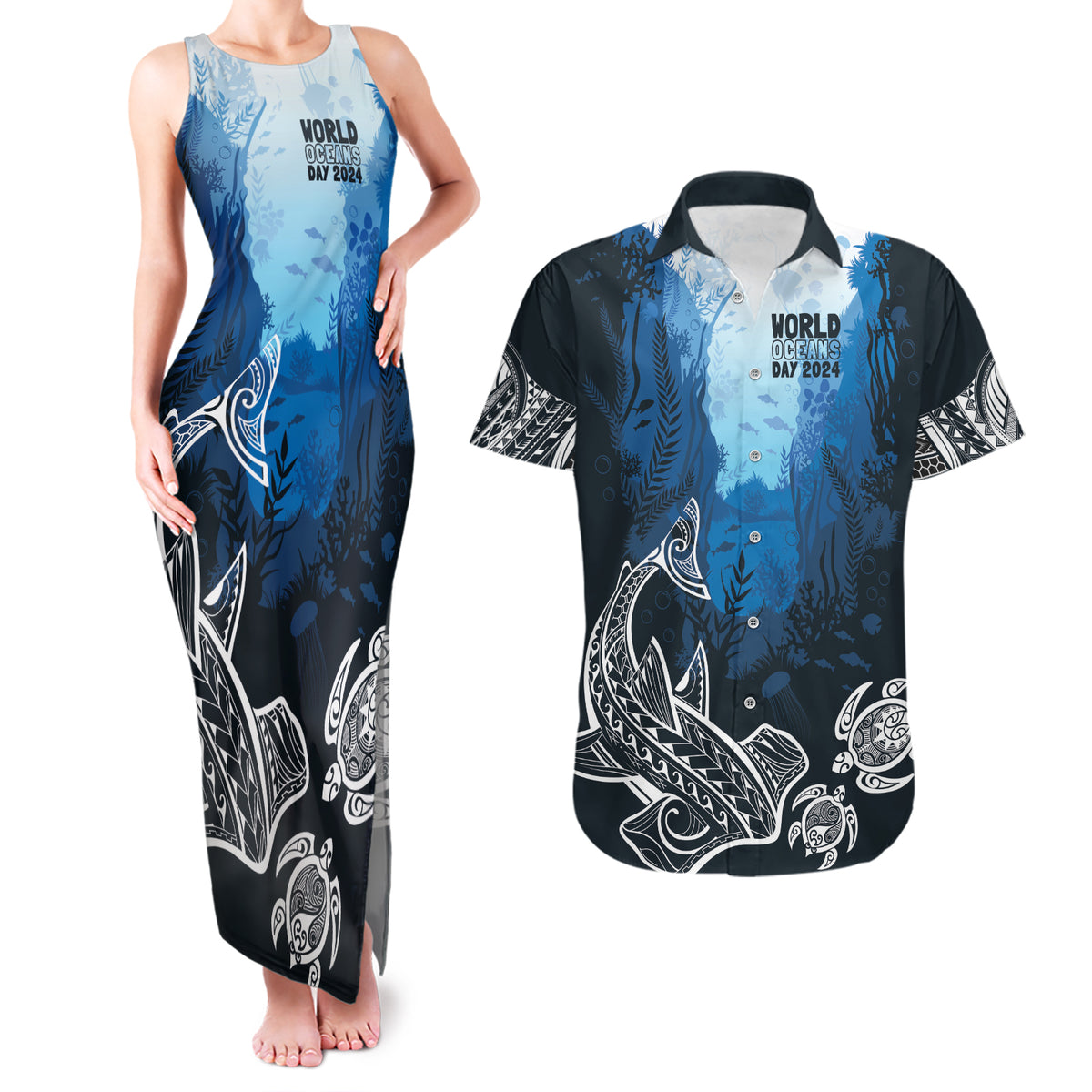 World Ocean Day Pasifika Couples Matching Tank Maxi Dress and Hawaiian Shirt Awaken New Depths LT7 Blue - Polynesian Pride