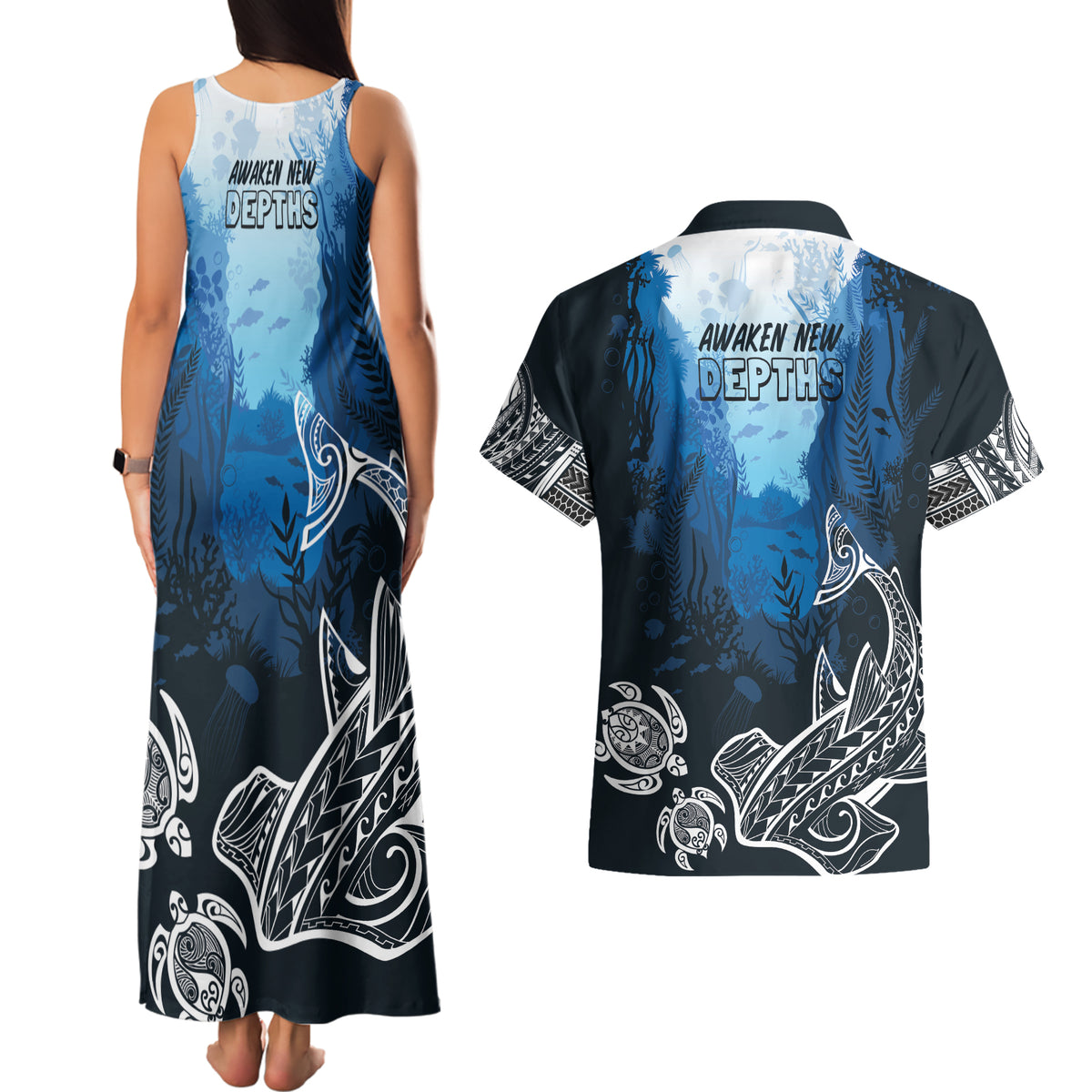 World Ocean Day Pasifika Couples Matching Tank Maxi Dress and Hawaiian Shirt Awaken New Depths LT7 - Polynesian Pride