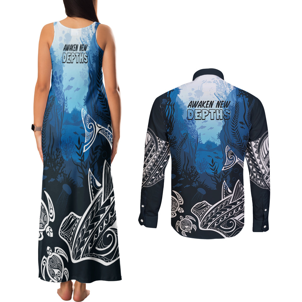 World Ocean Day Pasifika Couples Matching Tank Maxi Dress and Long Sleeve Button Shirt Awaken New Depths LT7 - Polynesian Pride