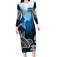 World Ocean Day Pasifika Family Matching Long Sleeve Bodycon Dress and Hawaiian Shirt Awaken New Depths LT7 Mom's Dress Blue - Polynesian Pride