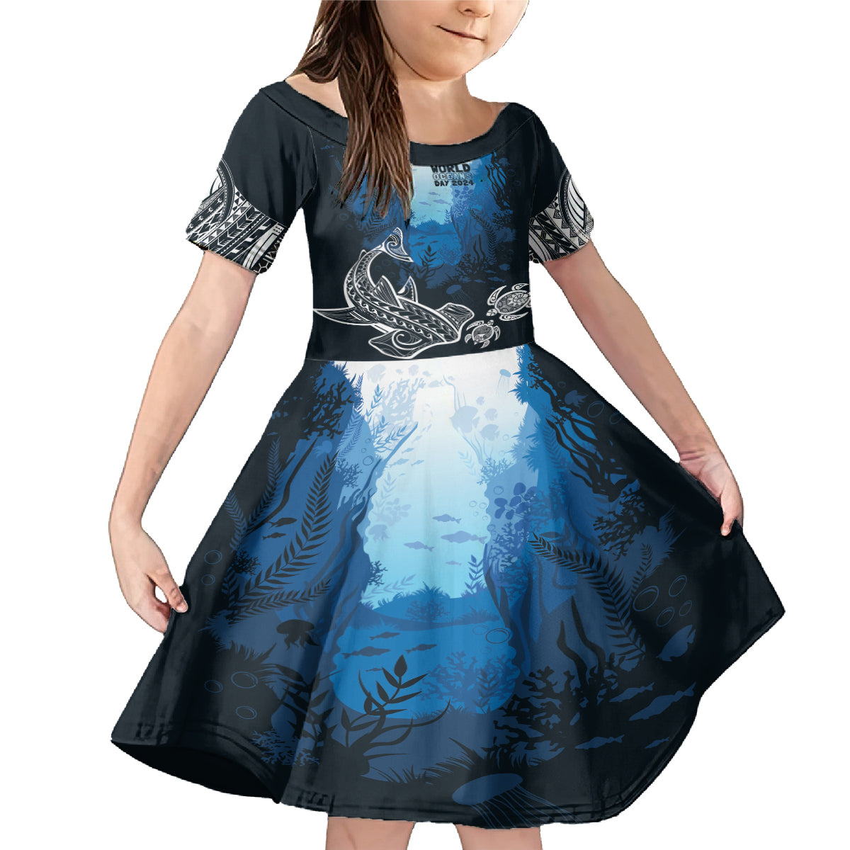 World Ocean Day Pasifika Family Matching Mermaid Dress and Hawaiian Shirt Awaken New Depths LT7 Daughter's Dress Blue - Polynesian Pride