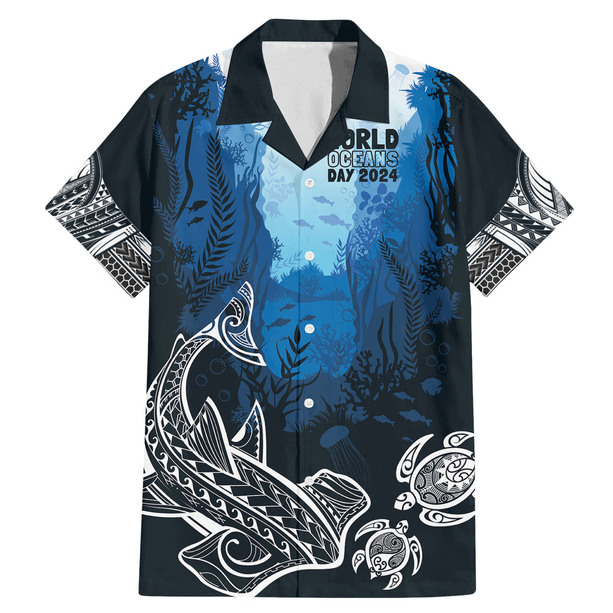 World Ocean Day Pasifika Family Matching Mermaid Dress and Hawaiian Shirt Awaken New Depths LT7 Dad's Shirt - Short Sleeve Blue - Polynesian Pride