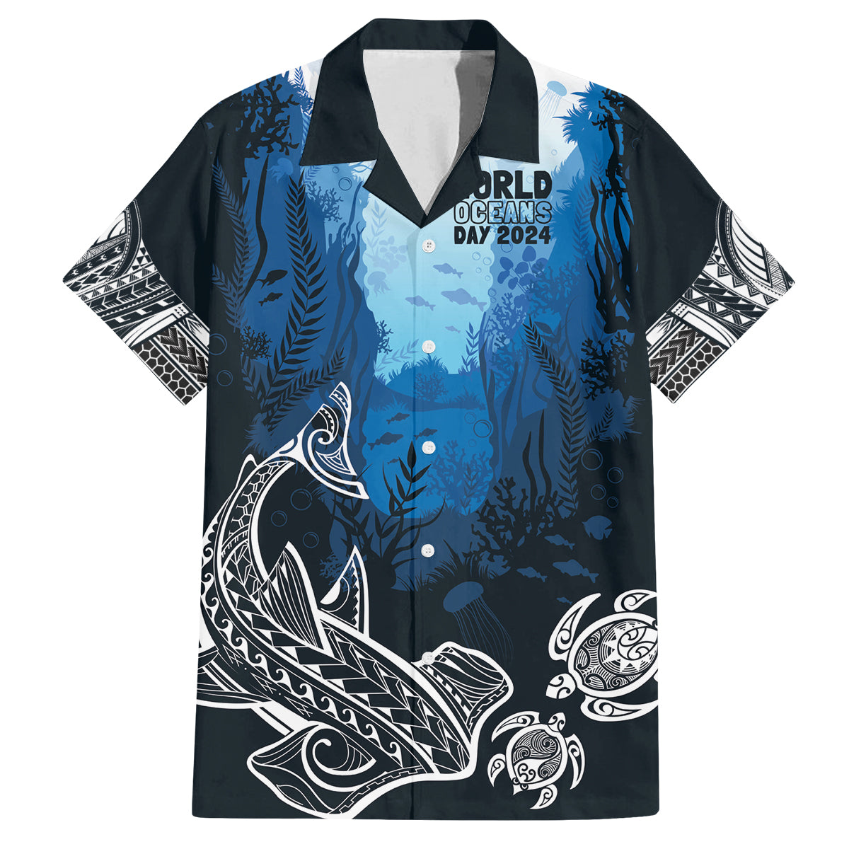 World Ocean Day Pasifika Family Matching Off The Shoulder Long Sleeve Dress and Hawaiian Shirt Awaken New Depths LT7 Dad's Shirt - Short Sleeve Blue - Polynesian Pride