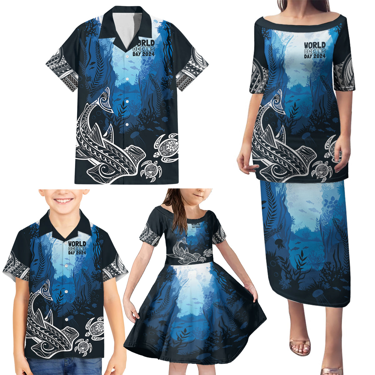 World Ocean Day Pasifika Family Matching Puletasi and Hawaiian Shirt Awaken New Depths LT7 - Polynesian Pride