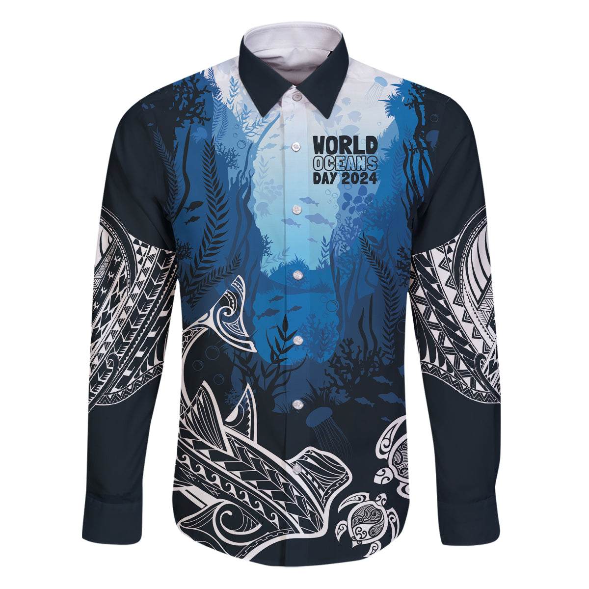 World Ocean Day Pasifika Family Matching Puletasi and Hawaiian Shirt Awaken New Depths LT7 Dad's Shirt - Long Sleeve Blue - Polynesian Pride