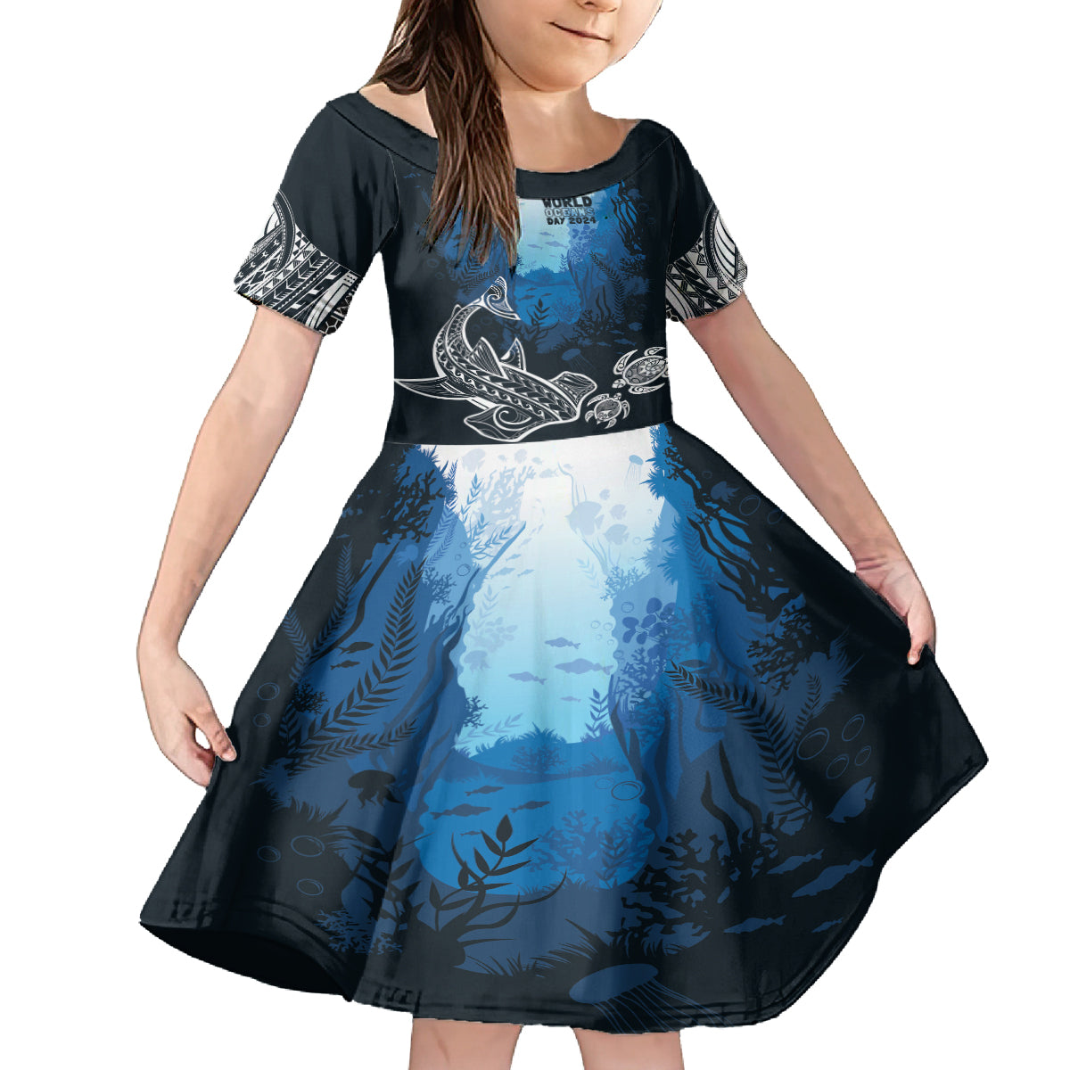 World Ocean Day Pasifika Family Matching Tank Maxi Dress and Hawaiian Shirt Awaken New Depths LT7 Daughter's Dress Blue - Polynesian Pride