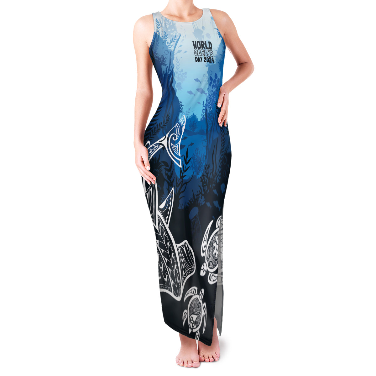 World Ocean Day Pasifika Family Matching Tank Maxi Dress and Hawaiian Shirt Awaken New Depths LT7 Mom's Dress Blue - Polynesian Pride