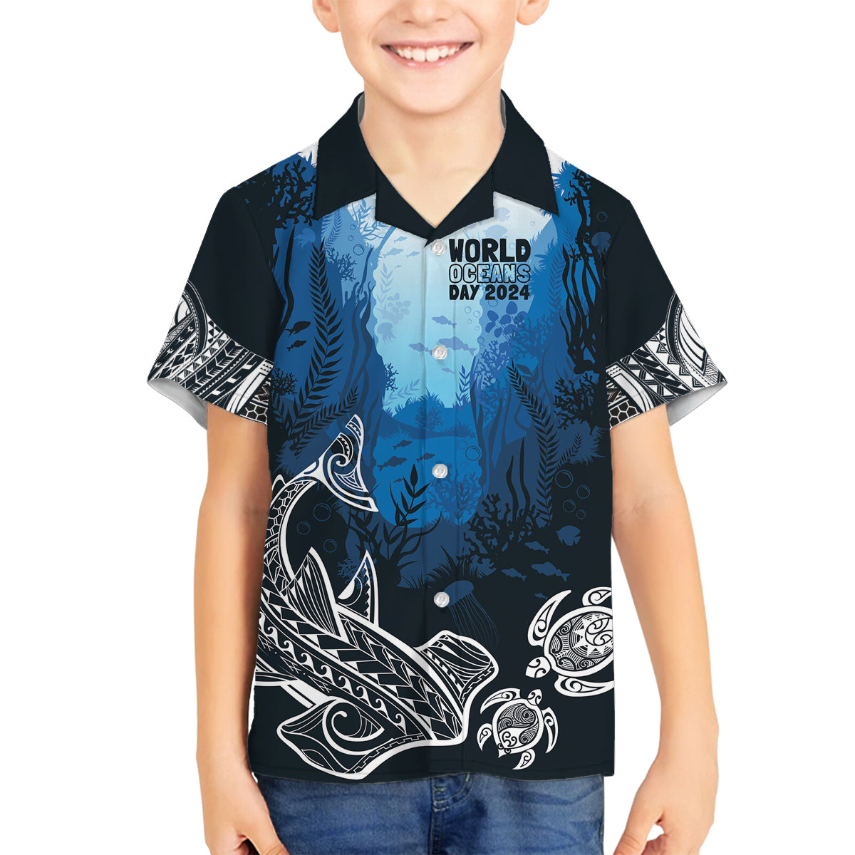 World Ocean Day Pasifika Family Matching Tank Maxi Dress and Hawaiian Shirt Awaken New Depths LT7 Son's Shirt Blue - Polynesian Pride