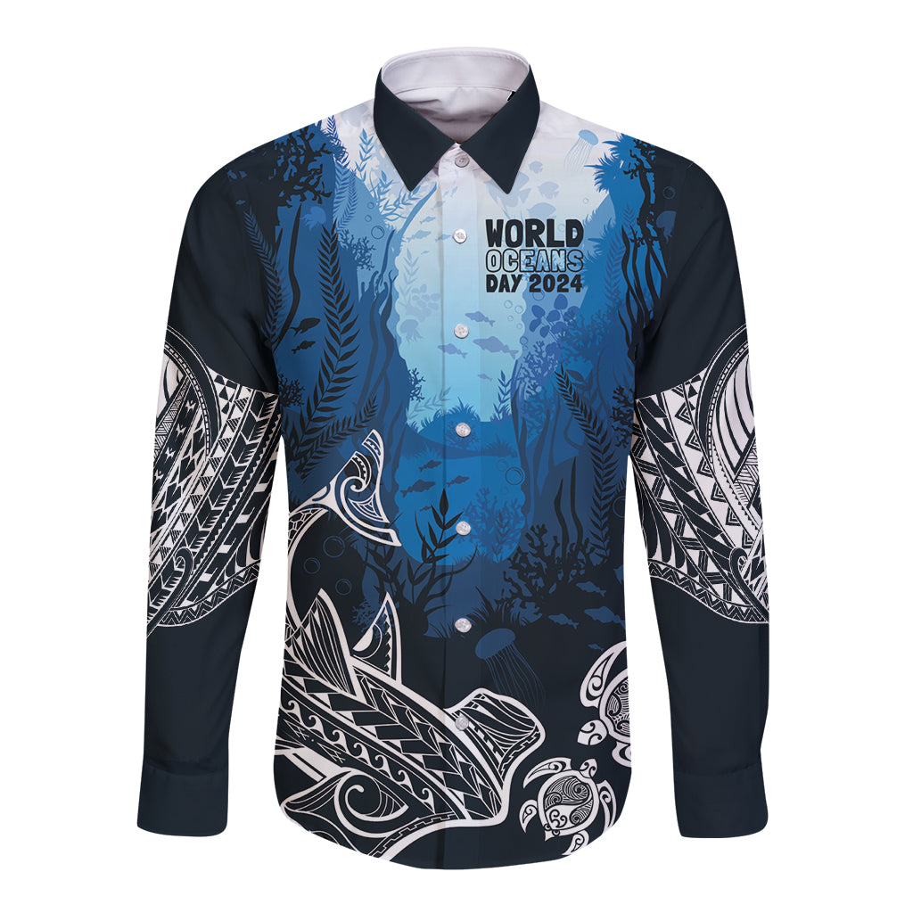 World Ocean Day Pasifika Long Sleeve Button Shirt Awaken New Depths LT7 Unisex Blue - Polynesian Pride