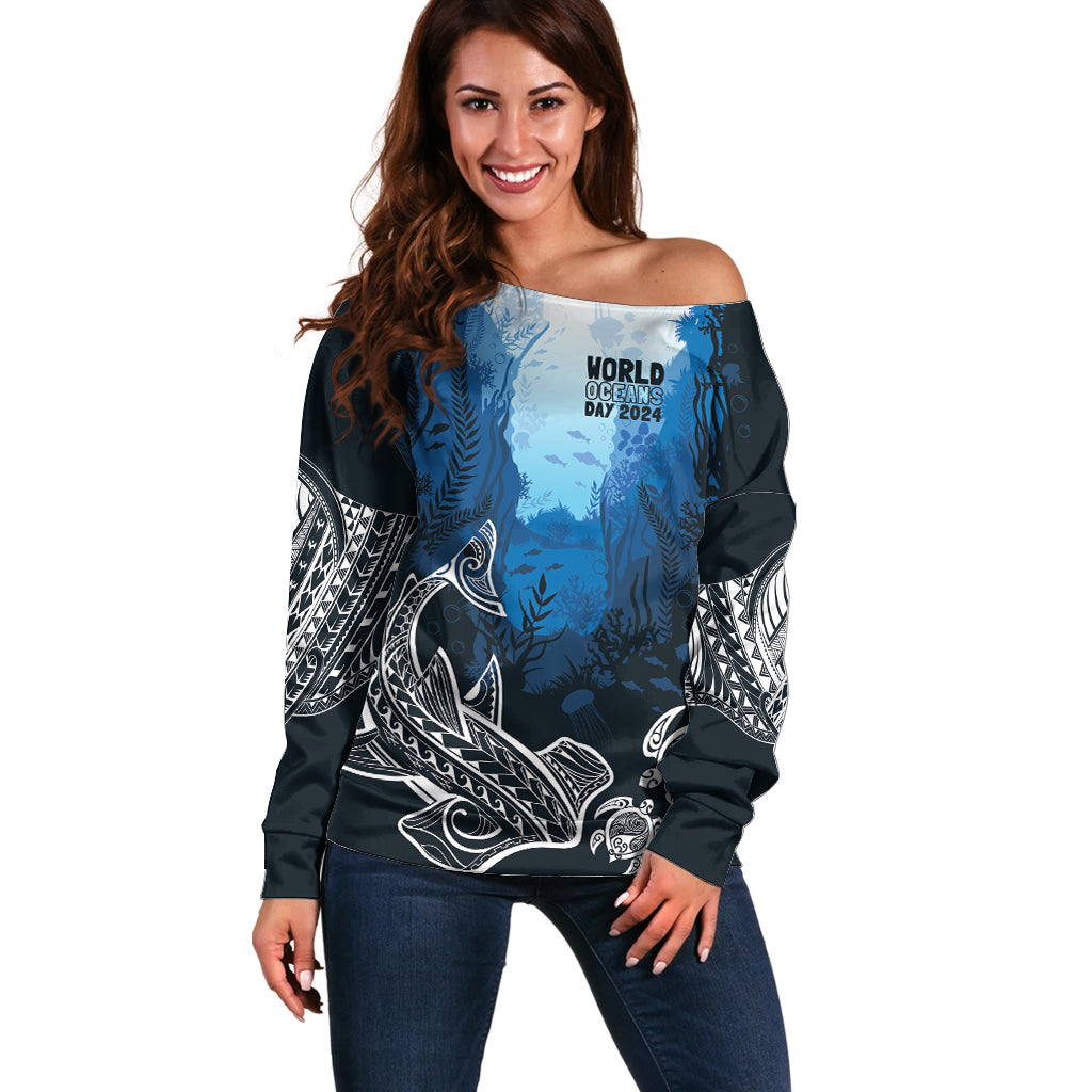 World Ocean Day Pasifika Off Shoulder Sweater Awaken New Depths LT7 Women Blue - Polynesian Pride
