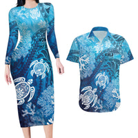 Hawaii World Ocean Day Couples Matching Long Sleeve Bodycon Dress and Hawaiian Shirt Kakau Turtles LT7 Blue - Polynesian Pride