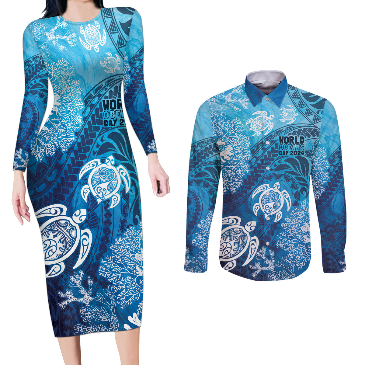 Hawaii World Ocean Day Couples Matching Long Sleeve Bodycon Dress and Long Sleeve Button Shirt Kakau Turtles LT7 Blue - Polynesian Pride