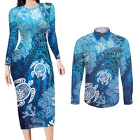 Hawaii World Ocean Day Couples Matching Long Sleeve Bodycon Dress and Long Sleeve Button Shirt Kakau Turtles LT7 Blue - Polynesian Pride