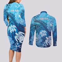 Hawaii World Ocean Day Couples Matching Long Sleeve Bodycon Dress and Long Sleeve Button Shirt Kakau Turtles LT7 - Polynesian Pride