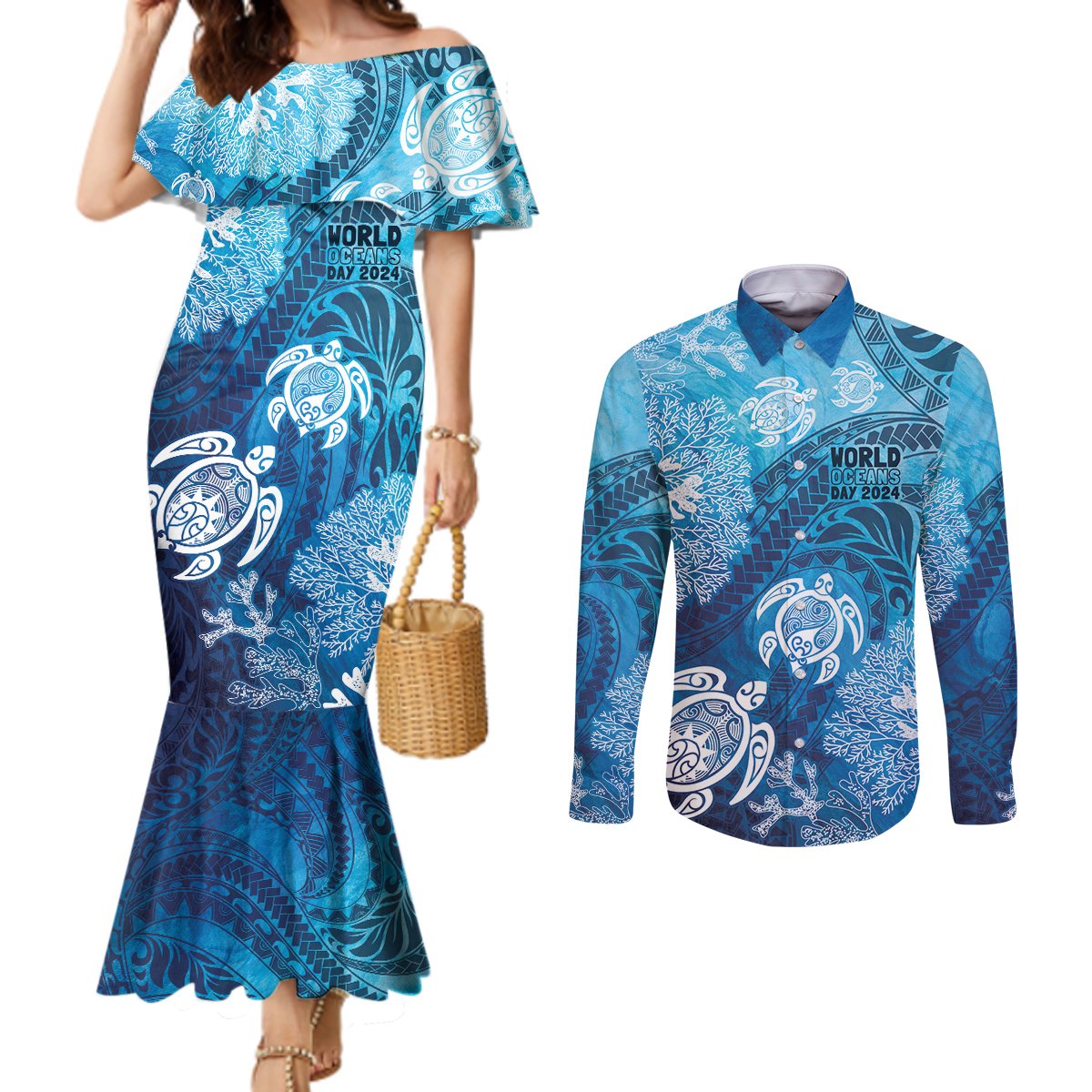 Hawaii World Ocean Day Couples Matching Mermaid Dress and Long Sleeve Button Shirt Kakau Turtles LT7 Blue - Polynesian Pride