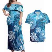 Hawaii World Ocean Day Couples Matching Off Shoulder Maxi Dress and Hawaiian Shirt Kakau Turtles LT7 Blue - Polynesian Pride