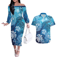 Hawaii World Ocean Day Couples Matching Off The Shoulder Long Sleeve Dress and Hawaiian Shirt Kakau Turtles LT7 Blue - Polynesian Pride
