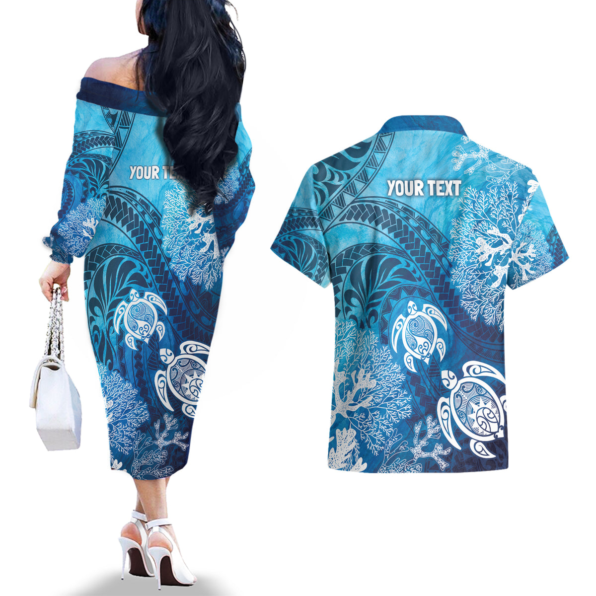 Hawaii World Ocean Day Couples Matching Off The Shoulder Long Sleeve Dress and Hawaiian Shirt Kakau Turtles LT7 - Polynesian Pride