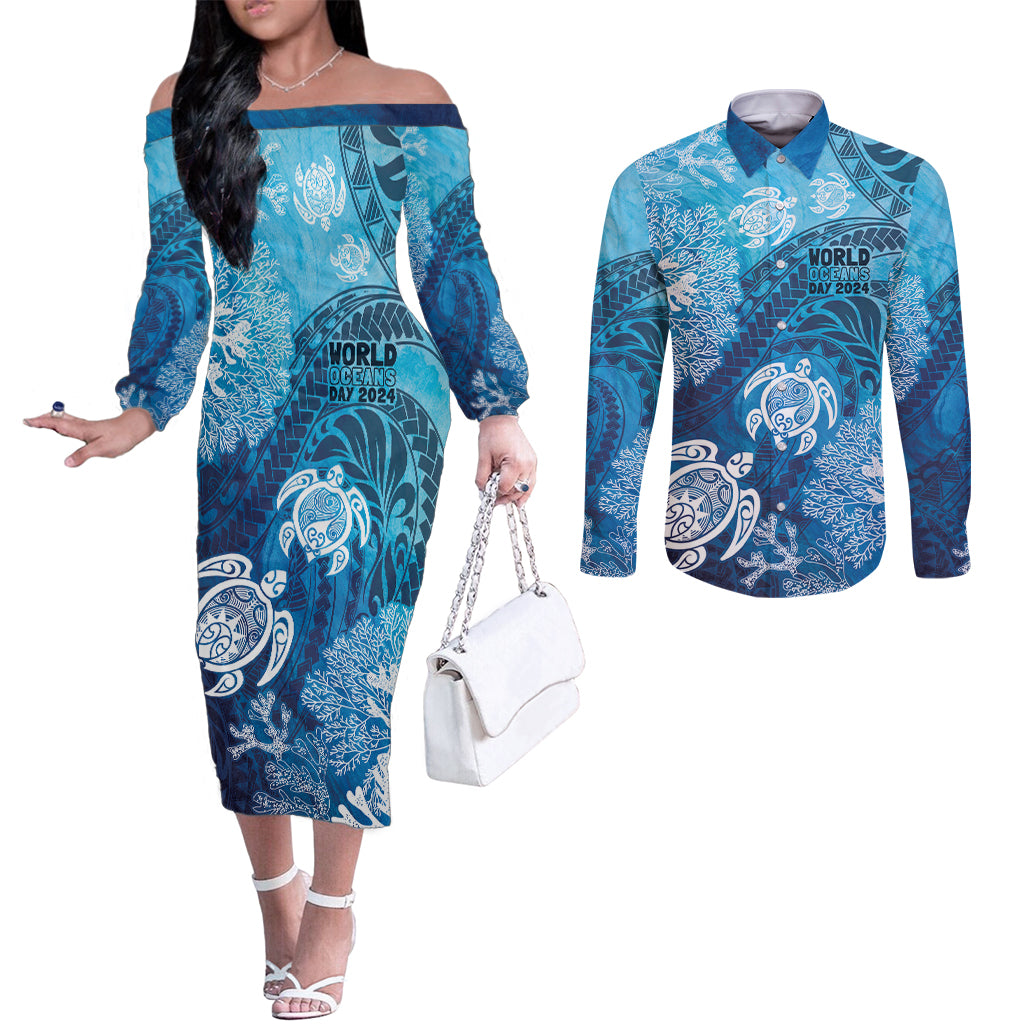 Hawaii World Ocean Day Couples Matching Off The Shoulder Long Sleeve Dress and Long Sleeve Button Shirt Kakau Turtles LT7 Blue - Polynesian Pride