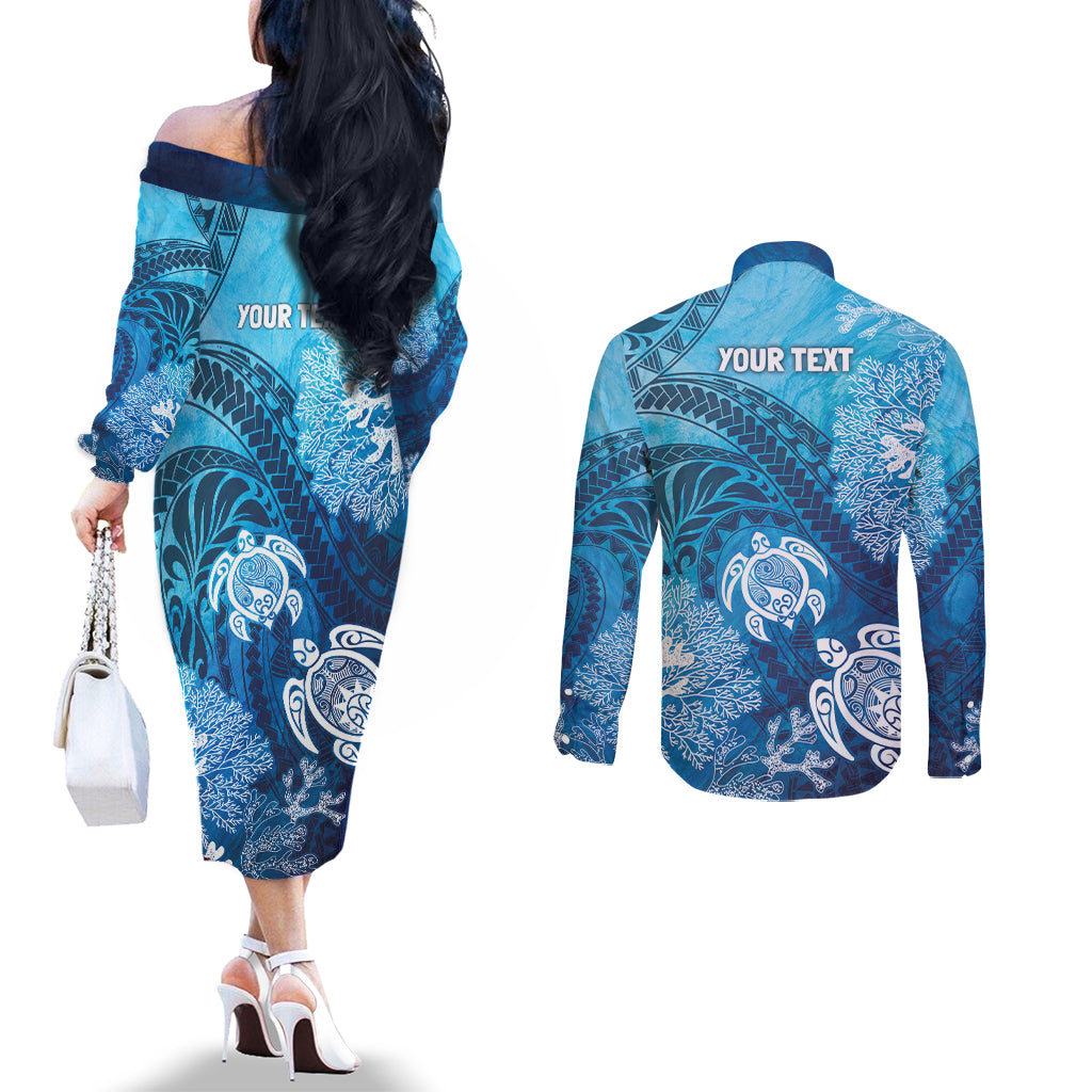 Hawaii World Ocean Day Couples Matching Off The Shoulder Long Sleeve Dress and Long Sleeve Button Shirt Kakau Turtles LT7 - Polynesian Pride