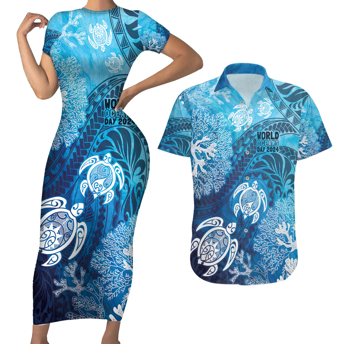 Hawaii World Ocean Day Couples Matching Short Sleeve Bodycon Dress and Hawaiian Shirt Kakau Turtles LT7 Blue - Polynesian Pride