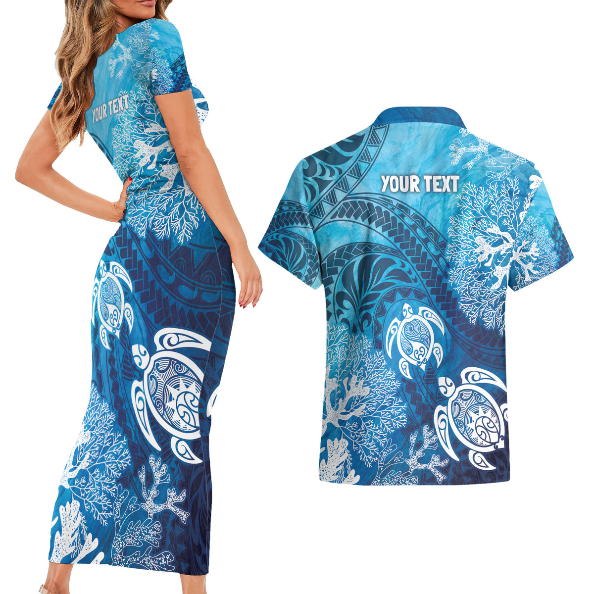 Hawaii World Ocean Day Couples Matching Short Sleeve Bodycon Dress and Hawaiian Shirt Kakau Turtles LT7 - Polynesian Pride