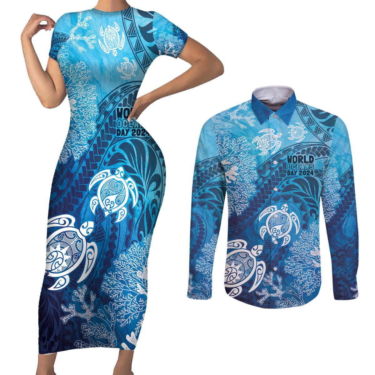 Hawaii World Ocean Day Couples Matching Short Sleeve Bodycon Dress and Long Sleeve Button Shirt Kakau Turtles LT7 Blue - Polynesian Pride