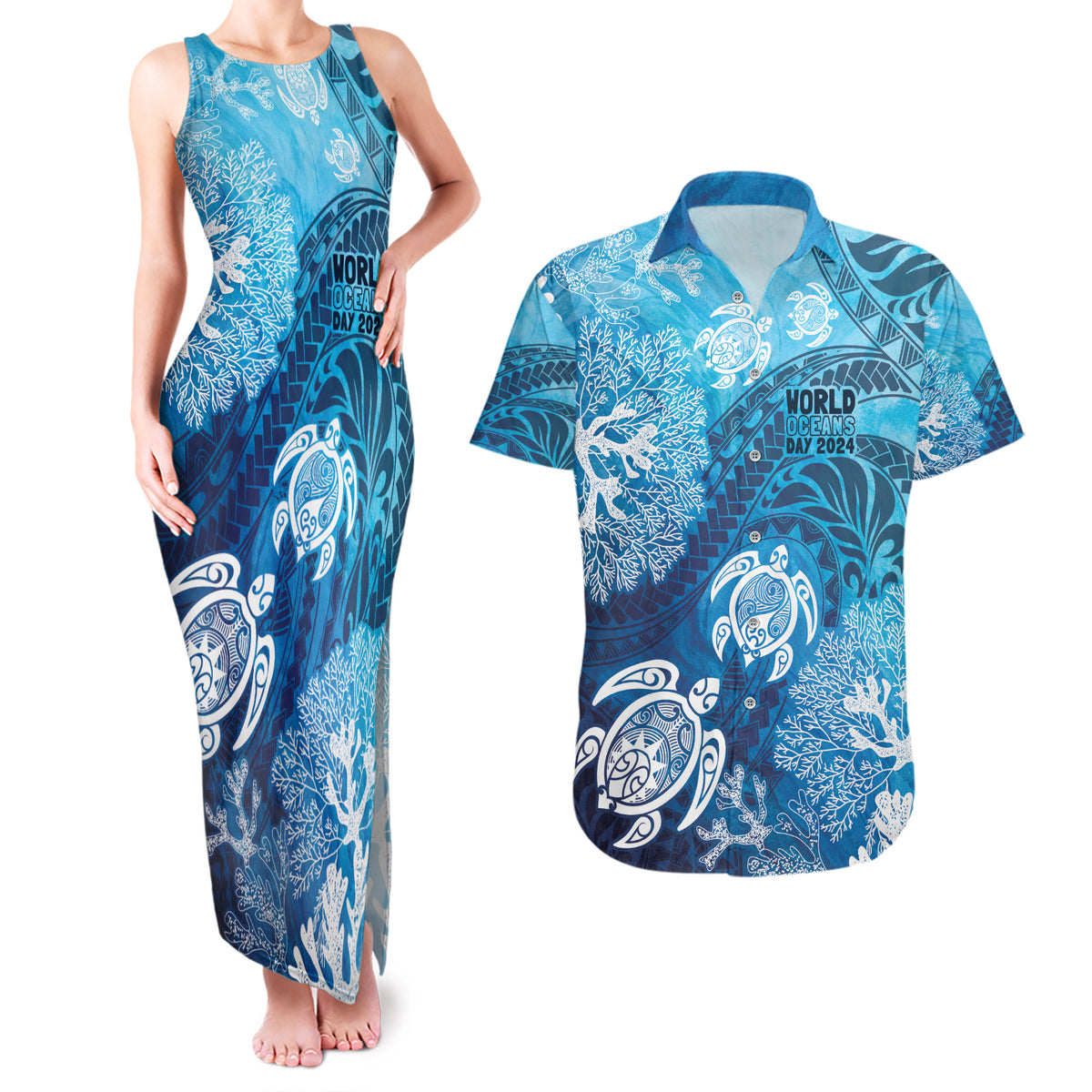 Hawaii World Ocean Day Couples Matching Tank Maxi Dress and Hawaiian Shirt Kakau Turtles LT7 Blue - Polynesian Pride