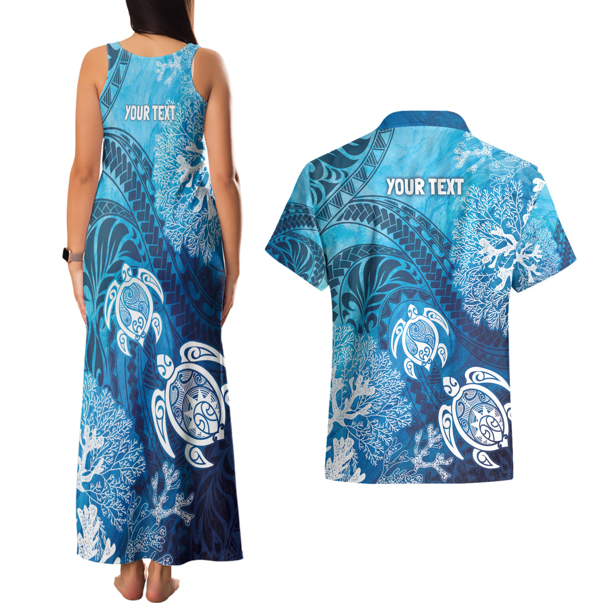 Hawaii World Ocean Day Couples Matching Tank Maxi Dress and Hawaiian Shirt Kakau Turtles LT7 - Polynesian Pride