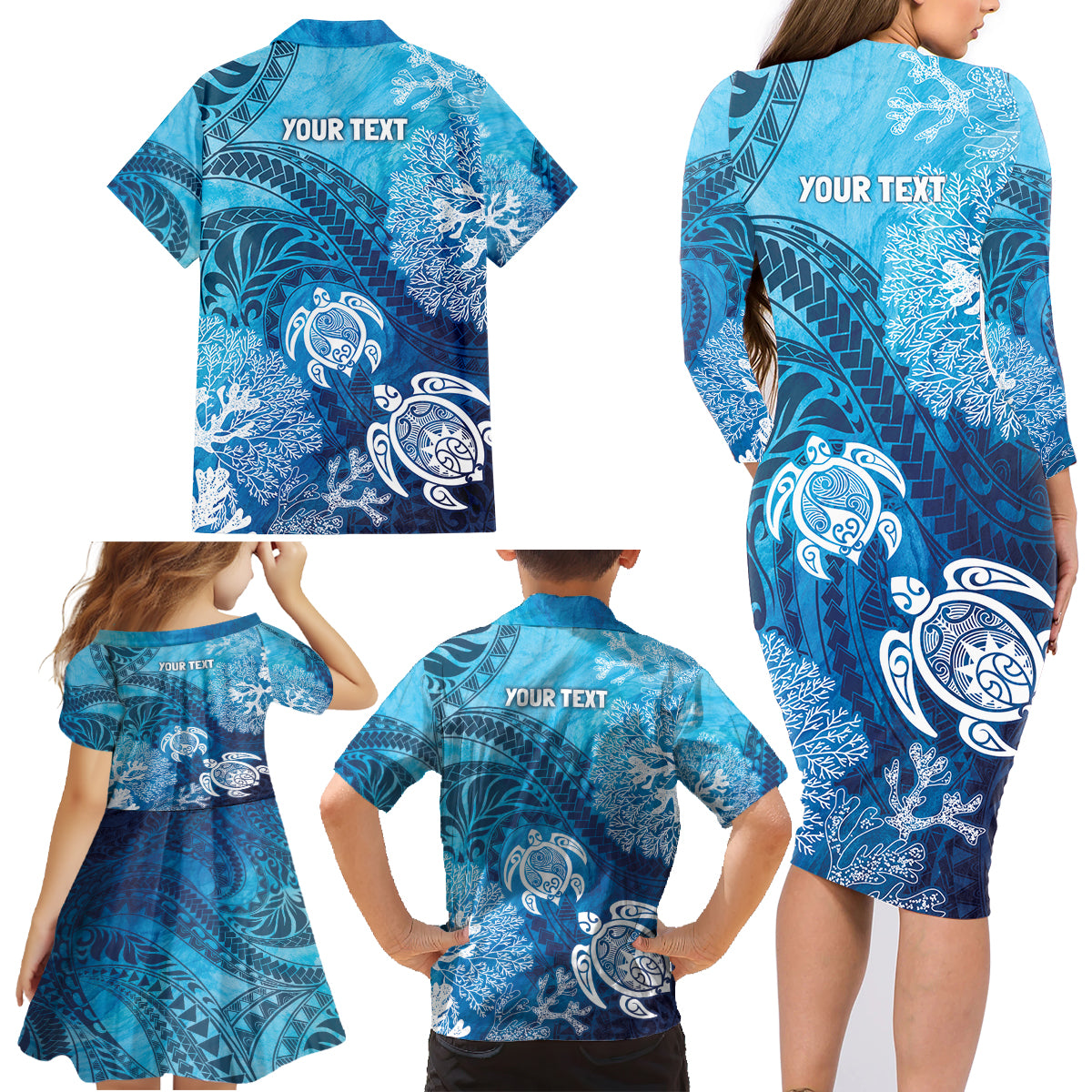 Hawaii World Ocean Day Family Matching Long Sleeve Bodycon Dress and Hawaiian Shirt Kakau Turtles LT7 - Polynesian Pride