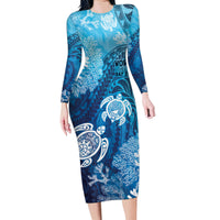 Hawaii World Ocean Day Family Matching Long Sleeve Bodycon Dress and Hawaiian Shirt Kakau Turtles LT7 Mom's Dress Blue - Polynesian Pride