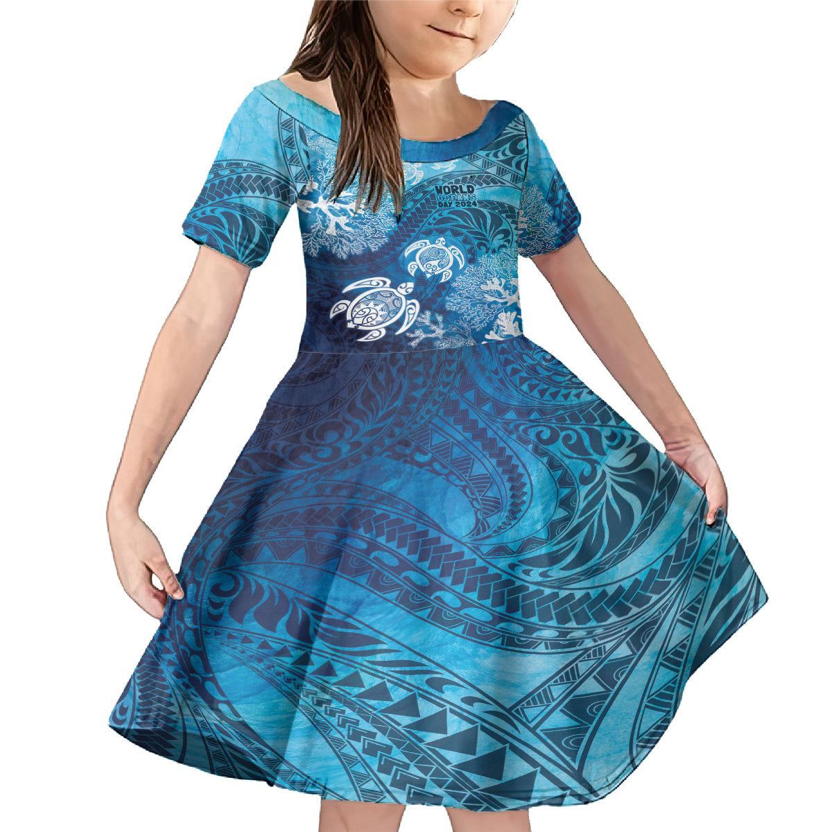 Hawaii World Ocean Day Family Matching Mermaid Dress and Hawaiian Shirt Kakau Turtles LT7 Daughter's Dress Blue - Polynesian Pride