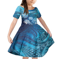 Hawaii World Ocean Day Family Matching Mermaid Dress and Hawaiian Shirt Kakau Turtles LT7 Daughter's Dress Blue - Polynesian Pride