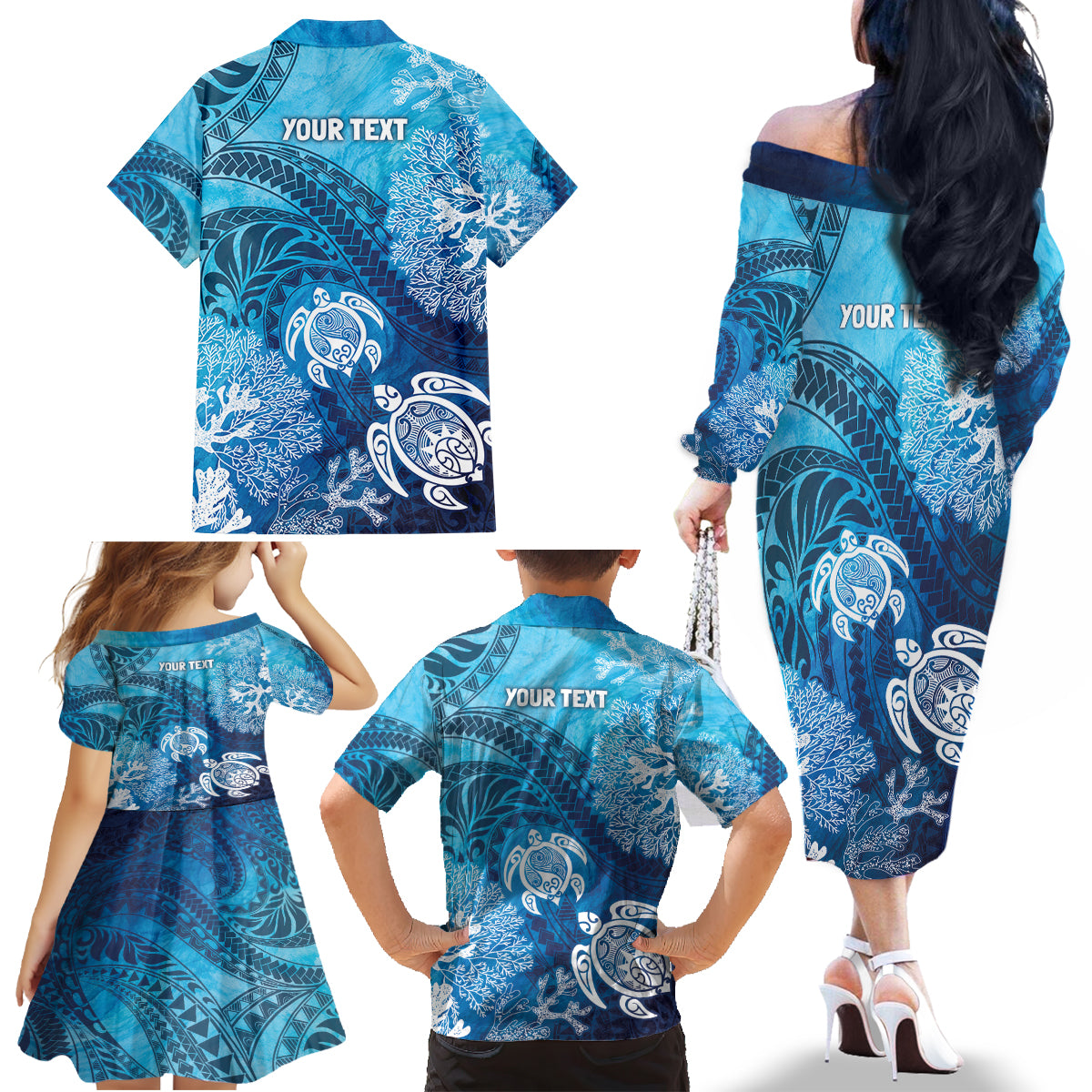Hawaii World Ocean Day Family Matching Off The Shoulder Long Sleeve Dress and Hawaiian Shirt Kakau Turtles LT7 - Polynesian Pride