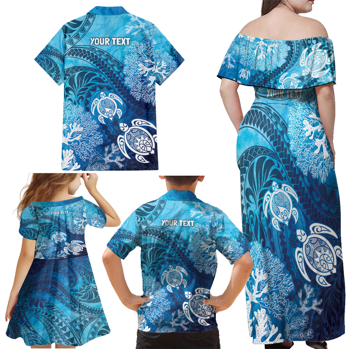 Hawaii World Ocean Day Family Matching Off Shoulder Maxi Dress and Hawaiian Shirt Kakau Turtles LT7 - Polynesian Pride