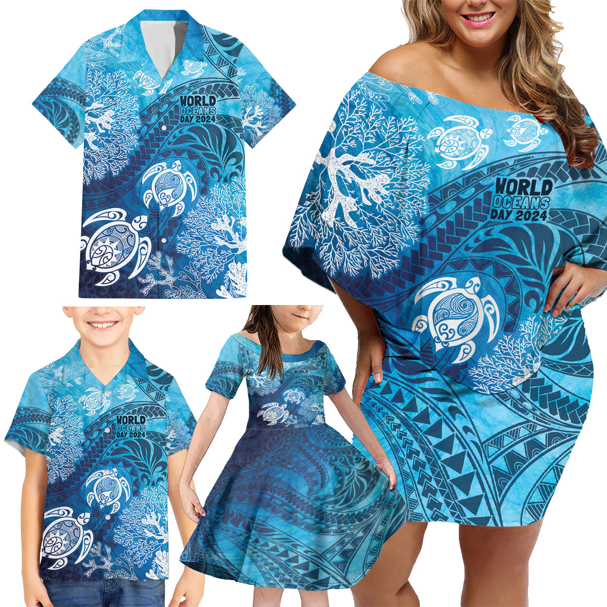 Hawaii World Ocean Day Family Matching Off Shoulder Short Dress and Hawaiian Shirt Kakau Turtles LT7 - Polynesian Pride