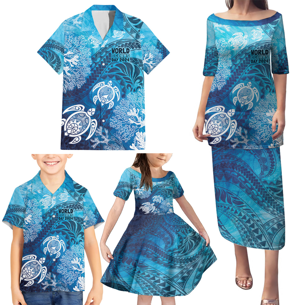 Hawaii World Ocean Day Family Matching Puletasi and Hawaiian Shirt Kakau Turtles LT7 - Polynesian Pride