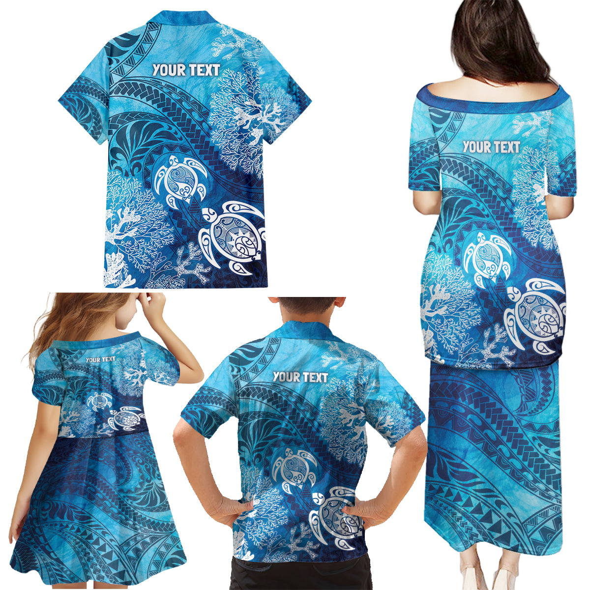 Hawaii World Ocean Day Family Matching Puletasi and Hawaiian Shirt Kakau Turtles LT7 - Polynesian Pride