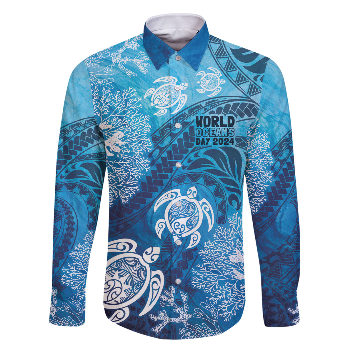 Hawaii World Ocean Day Family Matching Puletasi and Hawaiian Shirt Kakau Turtles LT7 Dad's Shirt - Long Sleeve Blue - Polynesian Pride