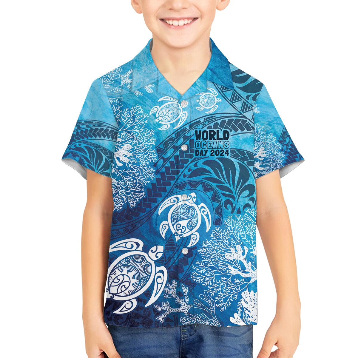 Hawaii World Ocean Day Family Matching Puletasi and Hawaiian Shirt Kakau Turtles LT7 Son's Shirt Blue - Polynesian Pride