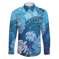 Hawaii World Ocean Day Family Matching Short Sleeve Bodycon Dress and Hawaiian Shirt Kakau Turtles LT7 Dad's Shirt - Long Sleeve Blue - Polynesian Pride