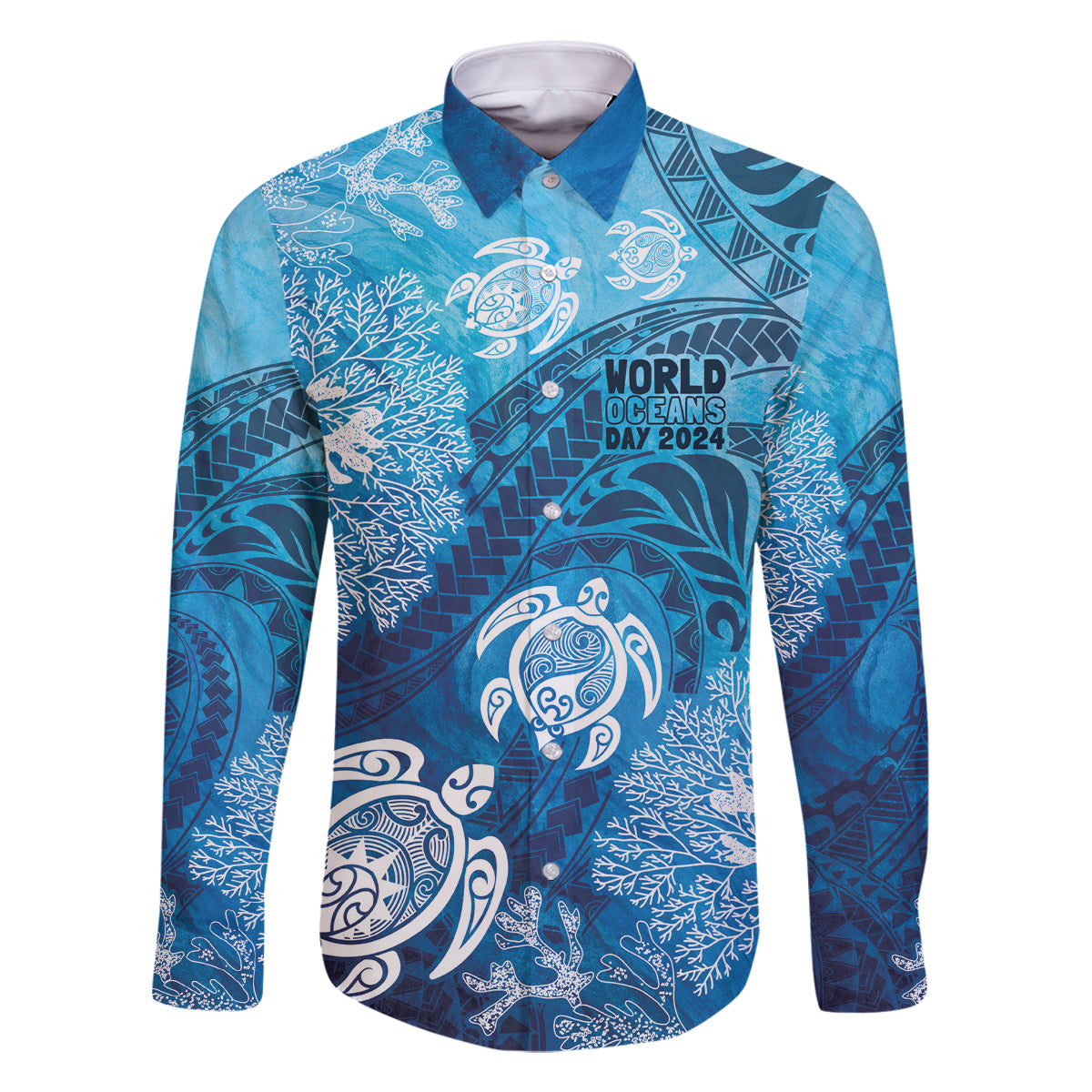 Hawaii World Ocean Day Family Matching Summer Maxi Dress and Hawaiian Shirt Kakau Turtles LT7 Dad's Shirt - Long Sleeve Blue - Polynesian Pride