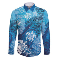 Hawaii World Ocean Day Family Matching Summer Maxi Dress and Hawaiian Shirt Kakau Turtles LT7 Dad's Shirt - Long Sleeve Blue - Polynesian Pride