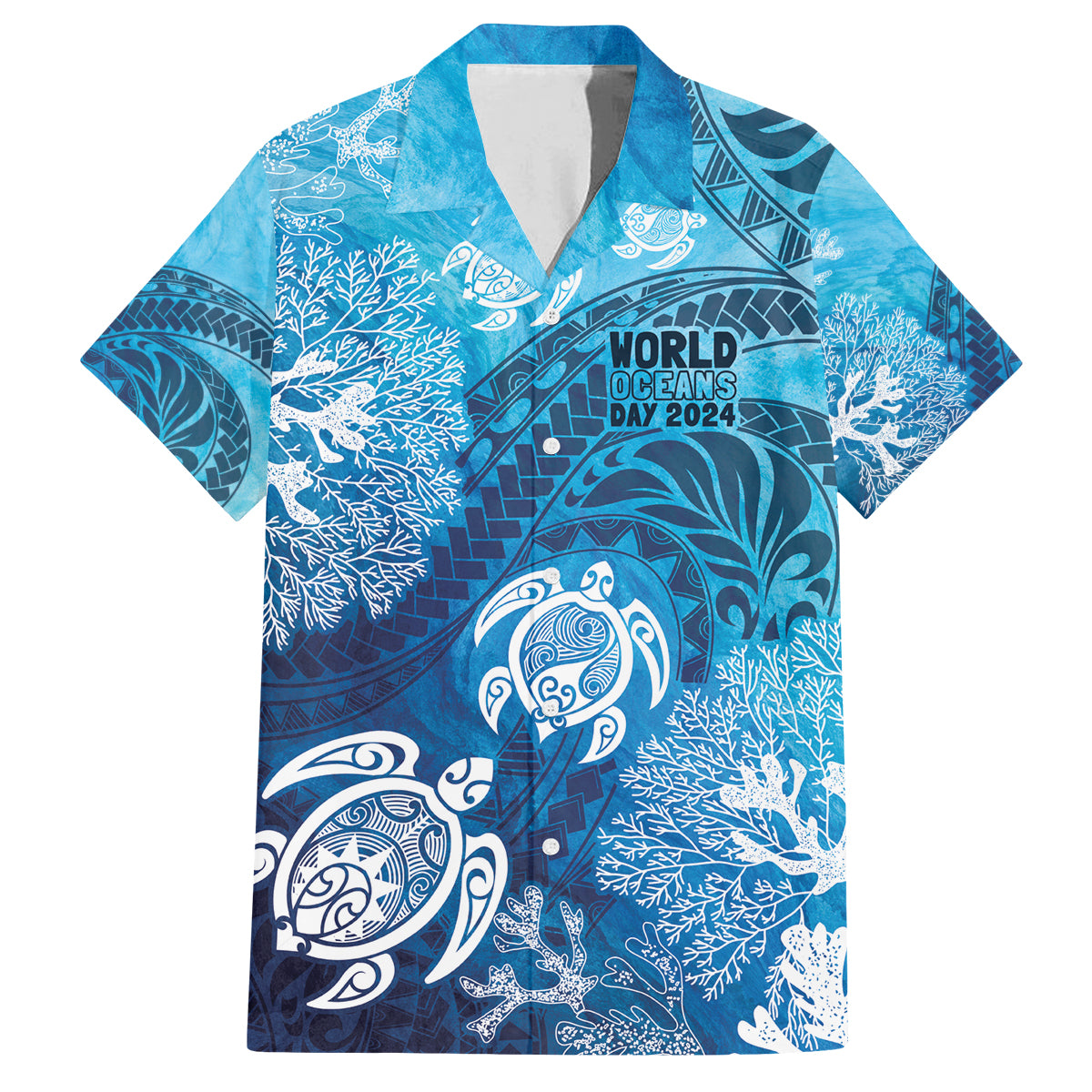 Hawaii World Ocean Day Family Matching Tank Maxi Dress and Hawaiian Shirt Kakau Turtles LT7 Dad's Shirt - Short Sleeve Blue - Polynesian Pride
