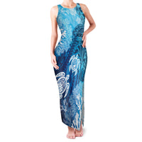 Hawaii World Ocean Day Family Matching Tank Maxi Dress and Hawaiian Shirt Kakau Turtles LT7 Mom's Dress Blue - Polynesian Pride
